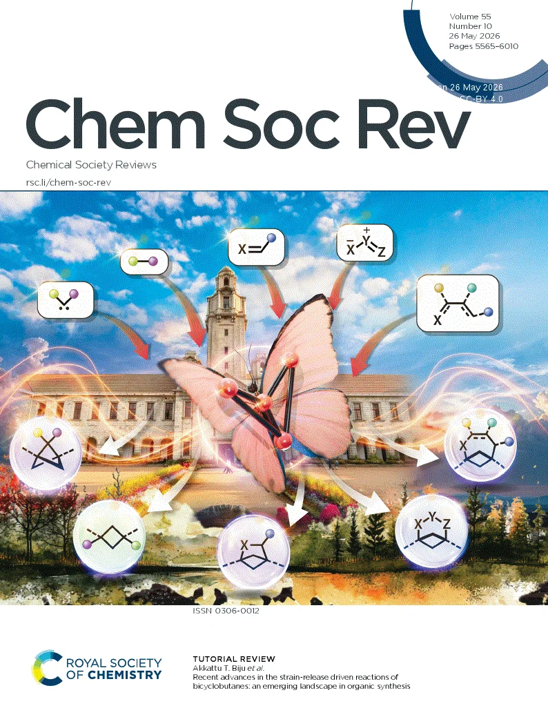 Chemical Society Reviews cover art with molecular reaction pathways