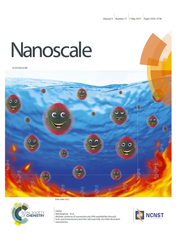 Nanoscale cover art with nanoparticles suspended in a colorful fluid