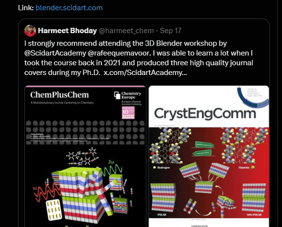 Tweet by Harmeet Bhoday recommending the Scidart Blender workshop
